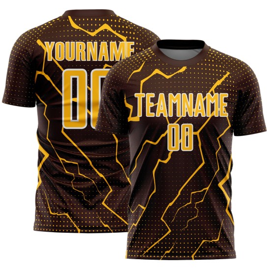 Sports Custom Gold-White Lightning Sublimation Brown Jersey Uniform Soccer